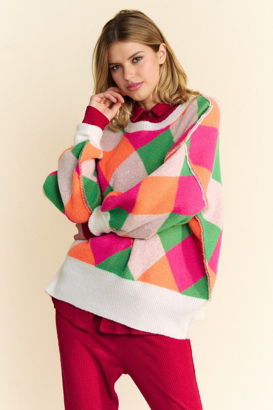 Davi & Dani Exposed Seam Color Block Dropped Shoulder Sweater - Brittney MADE