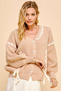 Davi & Dani Lace-Up Ribbon Bow Button Down Cardigan - Brittney MADE
