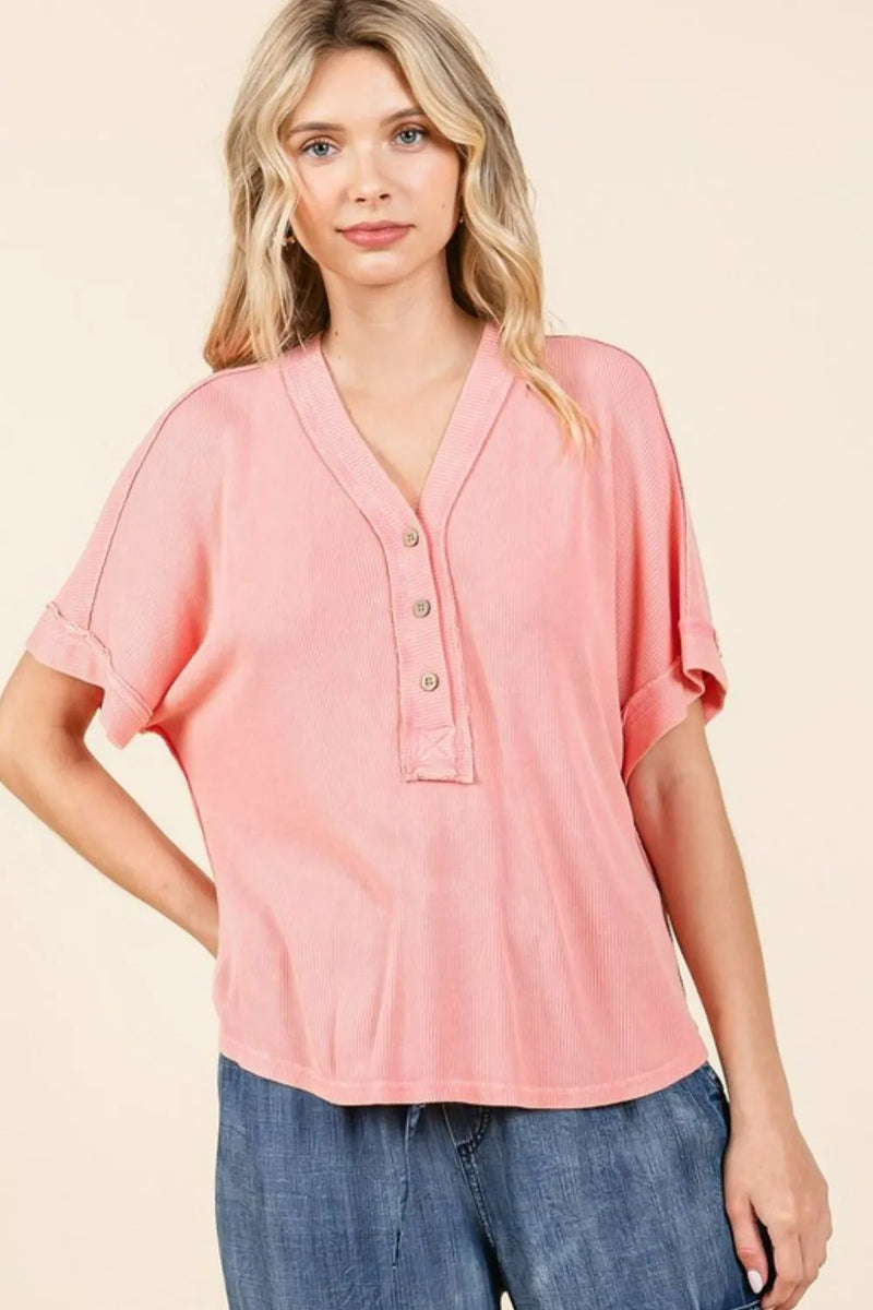 Mittoshop Mineral Wash Henley Short Sleeve Waffle Knit Top - Brittney MADE