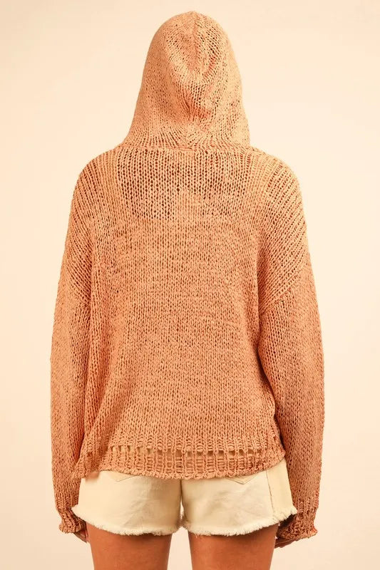 VERY J Oversized Openwork Lace Up Hooded Sweater - Brittney MADE