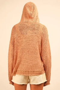VERY J Oversized Openwork Lace Up Hooded Sweater - Brittney MADE
