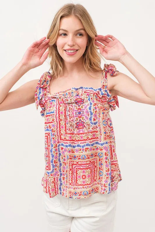 And The Why Ruffled Neck Tied Strap Boho Printed Swing Top - Brittney MADE