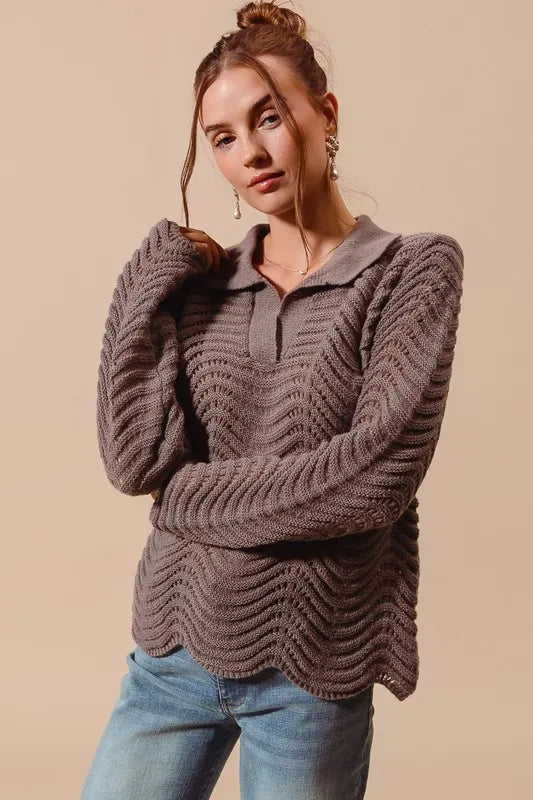 SO ME Notched Collar Wavy Texture Sweater Top - Brittney MADE