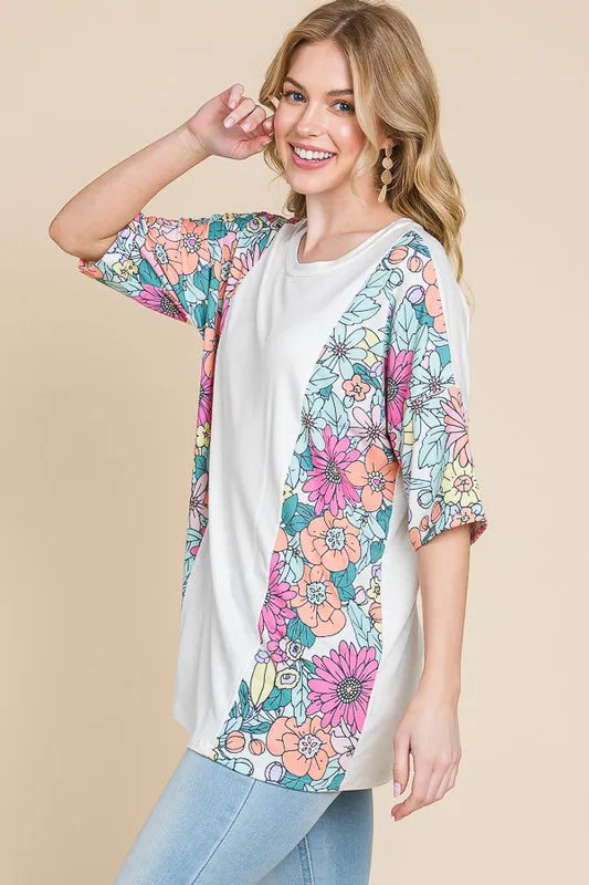 BOMBOM Floral Round Neck Half Sleeve T-Shirt - Brittney MADE