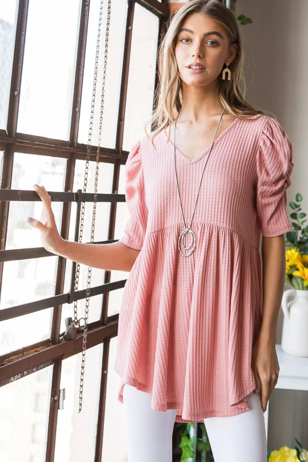 Heimish Full Size Waffle Knit V-Neck Babydoll Top - Brittney MADE