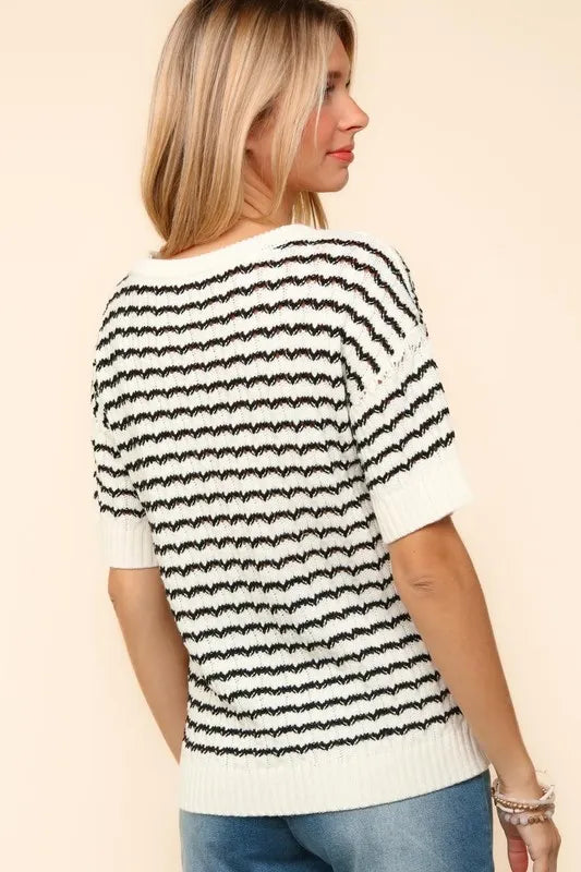 Haptics Openwork Striped Round Neck Half Sleeve Knit Top - Brittney MADE