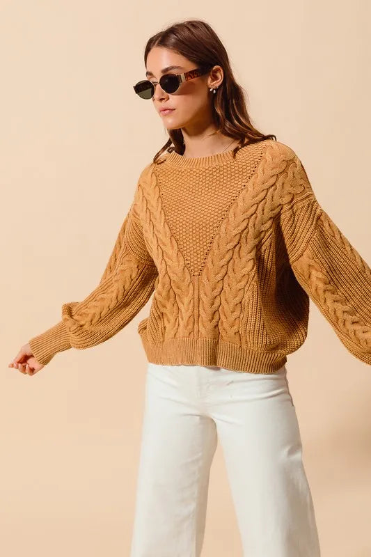 SO ME Mineral Washed Loose Fit Textured Cable Sweater - Brittney MADE