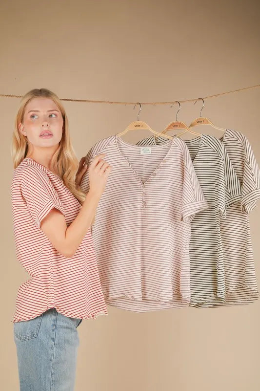 VERY J Striped V-Neck Short Sleeve T-Shirt - Brittney MADE