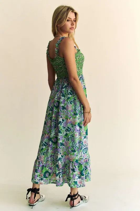 Davi & Dani Multi Smocked Bodice Geo Ruffle Strappy Midi Dress - Brittney MADE