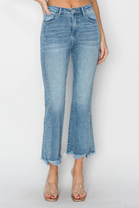 RISEN Full Size High Rise Frayed Hem Flare Jeans - Brittney MADE