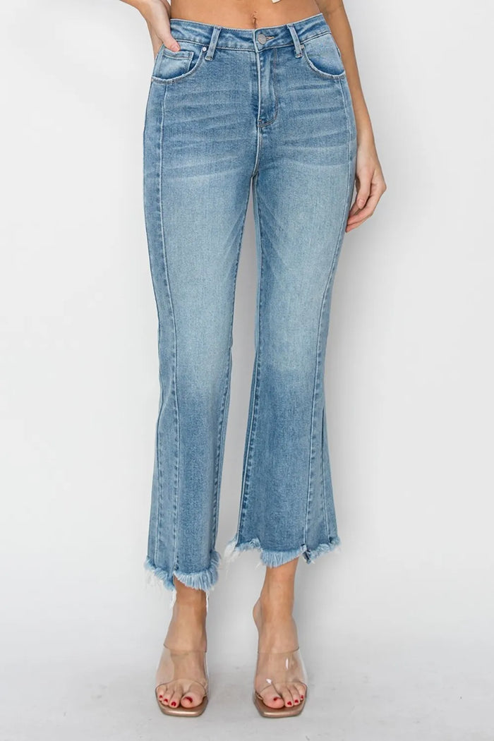 RISEN Full Size High Rise Frayed Hem Flare Jeans - Brittney MADE