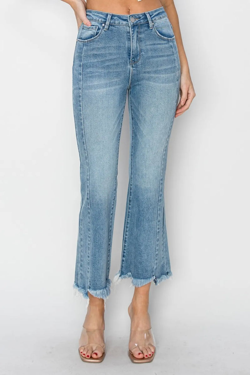 RISEN Full Size High Rise Frayed Hem Flare Jeans - Brittney MADE
