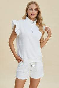 Double Take Full Size Texture Flounce Sleeve Top and Shorts Set - Brittney MADE