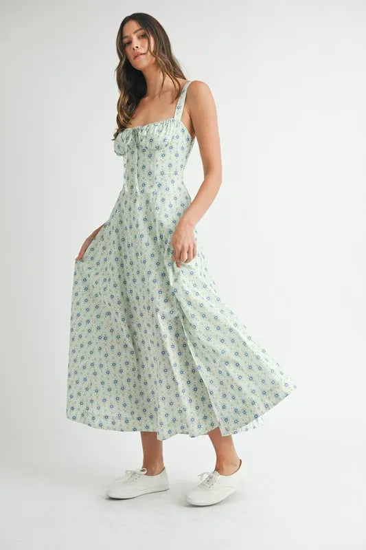 MABLE Floral Print Bustier Back Lace Up Midi Dress - Brittney MADE
