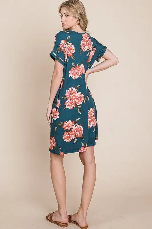 BOMBOM Floral Round Neck Short Tee Dress with Pockets - Brittney MADE