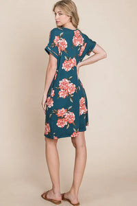 BOMBOM Floral Round Neck Short Tee Dress with Pockets - Brittney MADE