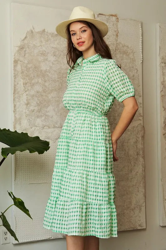 Davi & Dani Checkered Puff Sleeve Tiered Shirt Dress - Brittney MADE