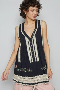 POL Embroidered Lace Detail V-Neck Sleeveless Top - Brittney MADE