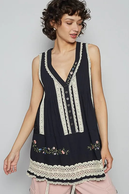 POL Embroidered Lace Detail V-Neck Sleeveless Top - Brittney MADE