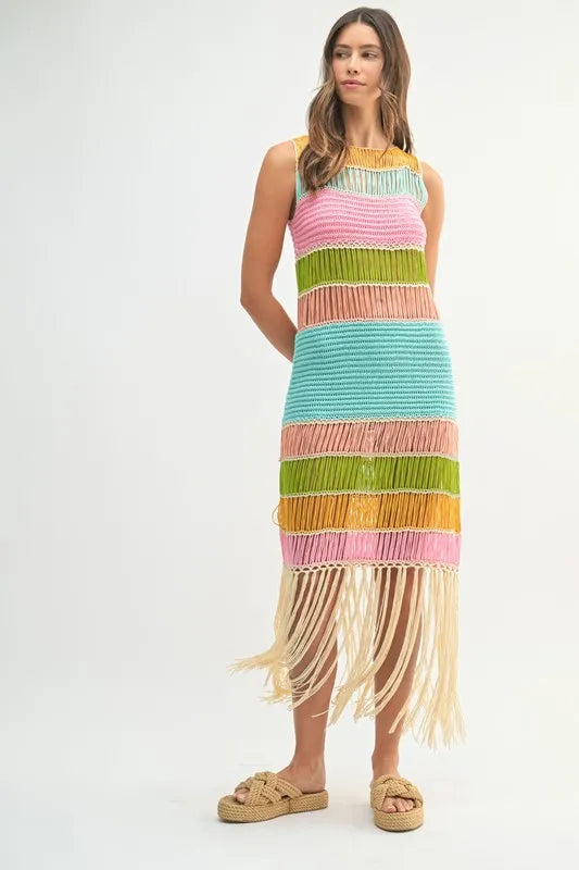 MABLE Multi Color Fringed Crochet Knit Dress - Brittney MADE