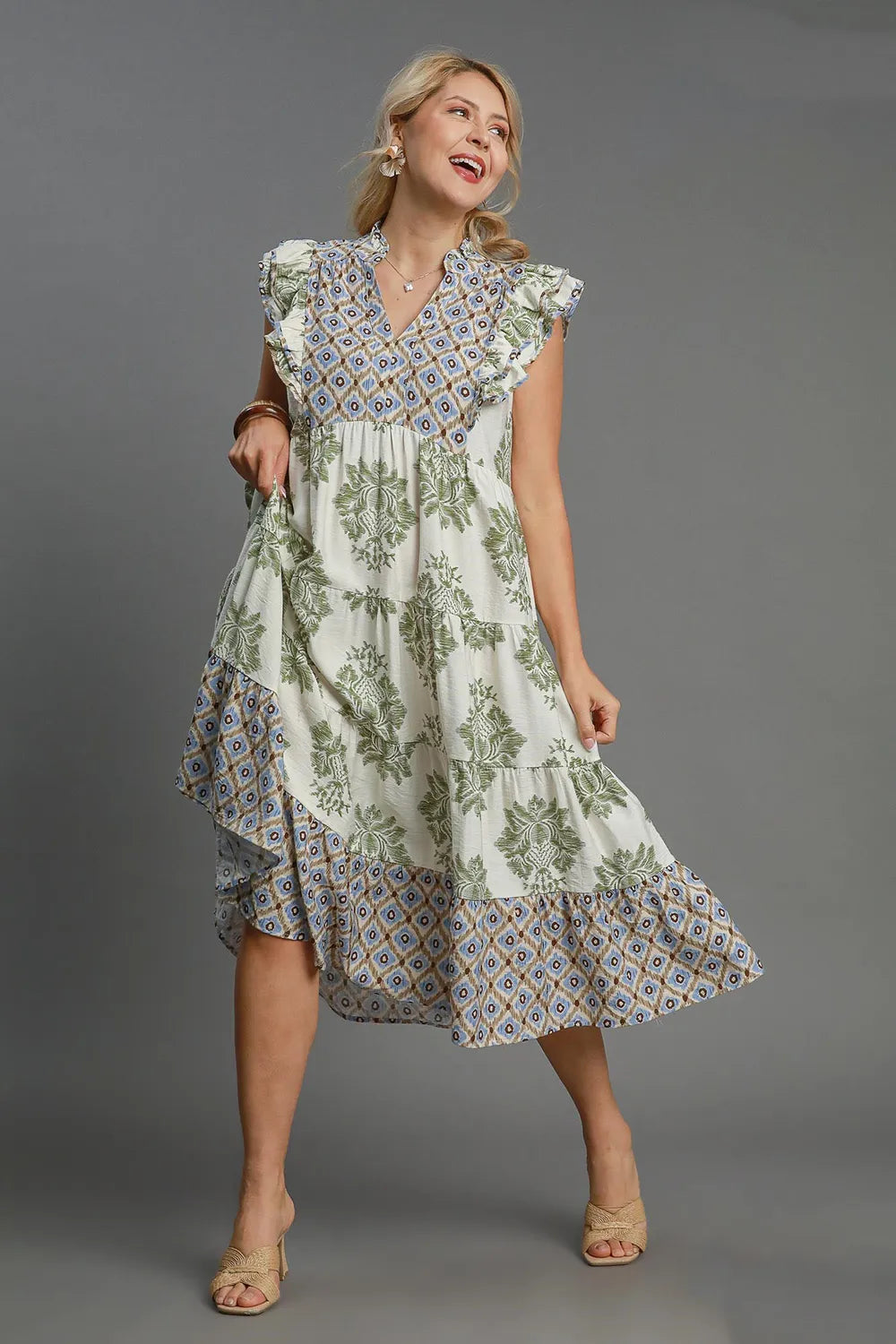 Umgee Full Size Mixed Print Ruffle Cap Sleeve Midi Dress Plus Size - Brittney MADE