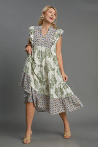 Umgee Full Size Mixed Print Ruffle Cap Sleeve Midi Dress Plus Size - Brittney MADE
