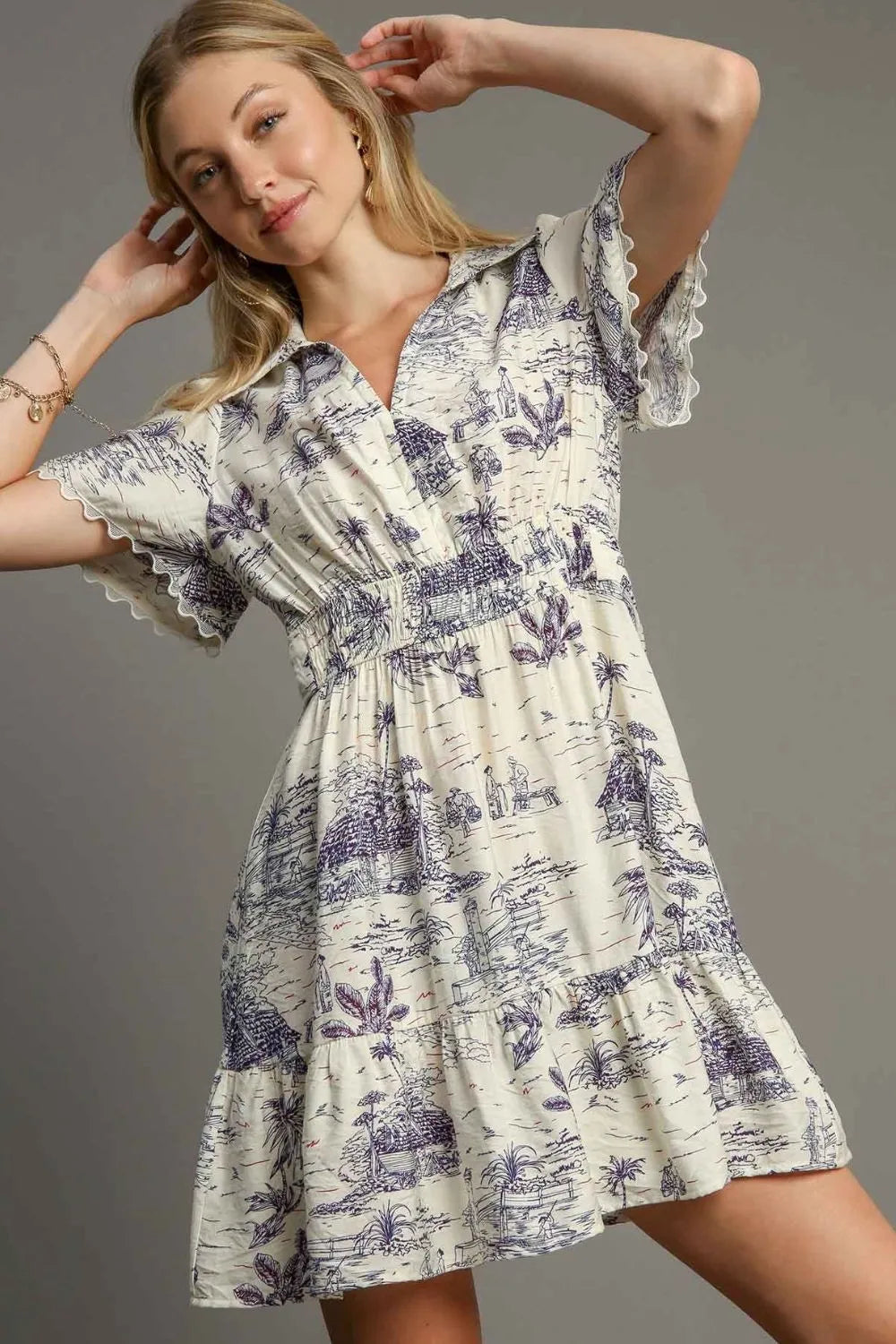 Umgee Full Size Landscape Print Collared Mini Dress Plus Size - Brittney MADE