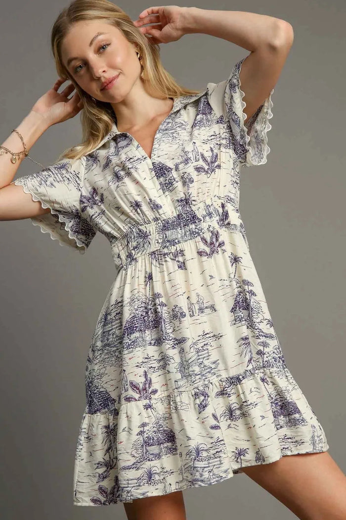 Umgee Full Size Landscape Print Collared Mini Dress Plus Size - Brittney MADE
