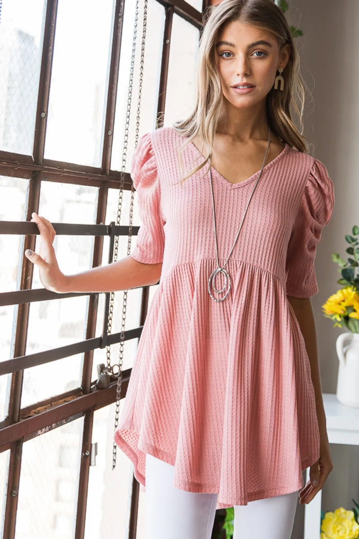 Heimish Full Size Waffle Knit V-Neck Babydoll Top - Brittney MADE