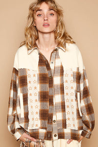 POL Plaid & Star Patchwork Contrast Long Sleeve Shacket - Brittney MADE
