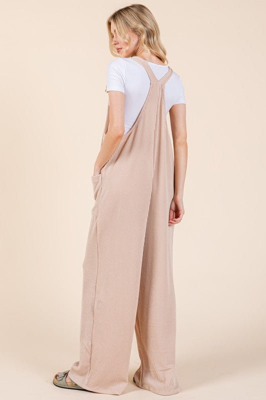 BOMBOM Knot Straps Wide Leg Ribbed Overalls with Pockets - Brittney MADE