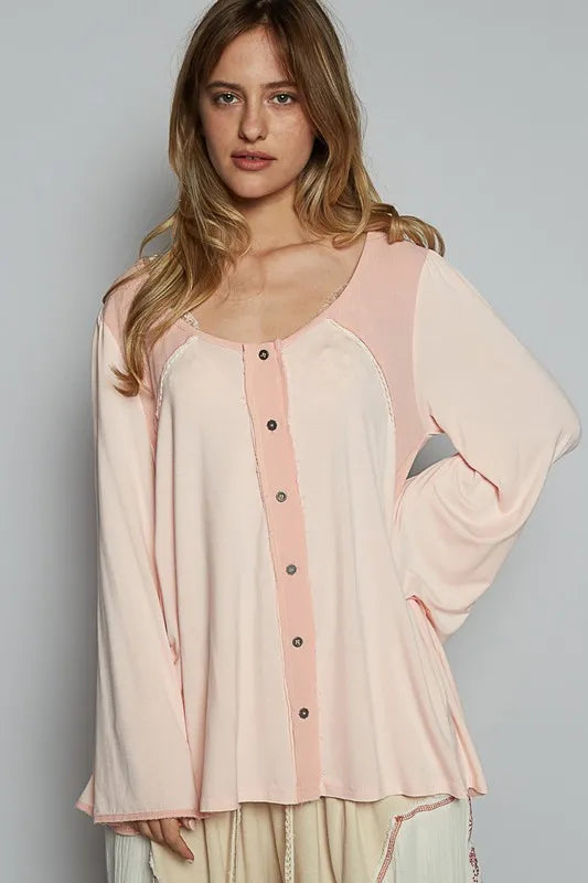 POL Contrast Button Front Long Sleeve Knit Top - Brittney MADE