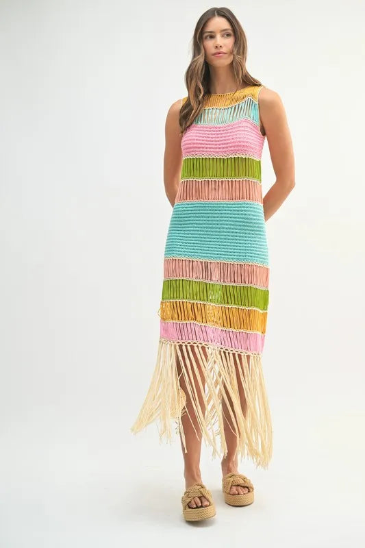MABLE Multi Color Fringed Crochet Knit Dress - Brittney MADE