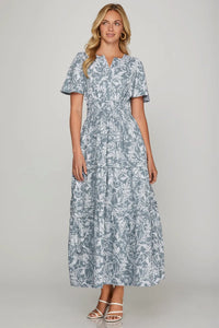 She + Sky Printed Notched Woven Tiered Pintuck Maxi Dress with Side Pockets - Brittney MADE