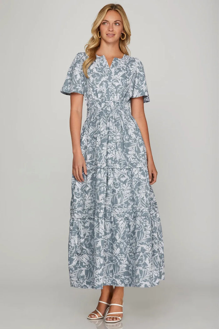 She + Sky Printed Notched Woven Tiered Pintuck Maxi Dress with Side Pockets - Brittney MADE