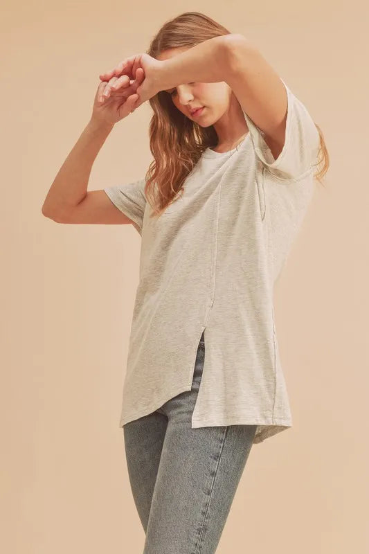 Aemi + Co Asymmetrical Front Slit Round Neck Raglan Sleeve T-Shirt - Brittney MADE