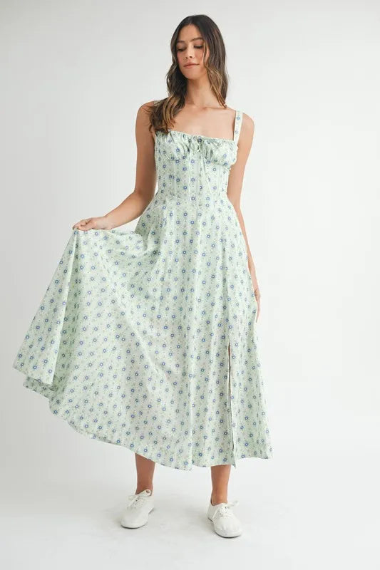 MABLE Floral Print Bustier Back Lace Up Midi Dress - Brittney MADE