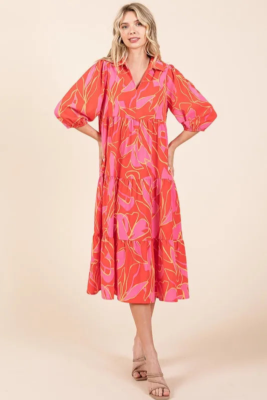Mittoshop Tiered Printed Collared Neck Midi Dress - Brittney MADE