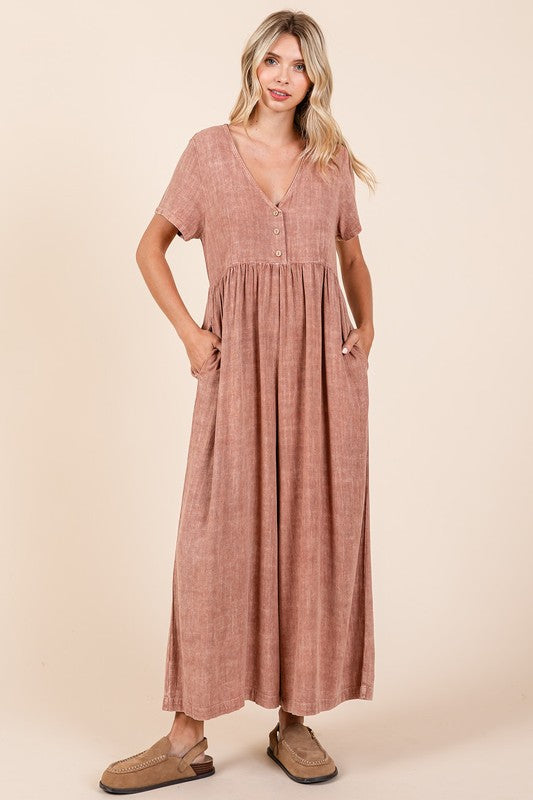 Mittoshop Mineral Wash Short Sleeve Flowy Wide Leg Jumpsuit - Brittney MADE