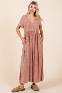 Mittoshop Mineral Wash Short Sleeve Flowy Wide Leg Jumpsuit - Brittney MADE