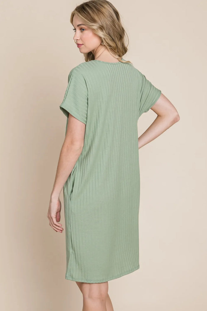 BOMBOM Ribbed Round Neck Short Sleeve Dress - Brittney MADE