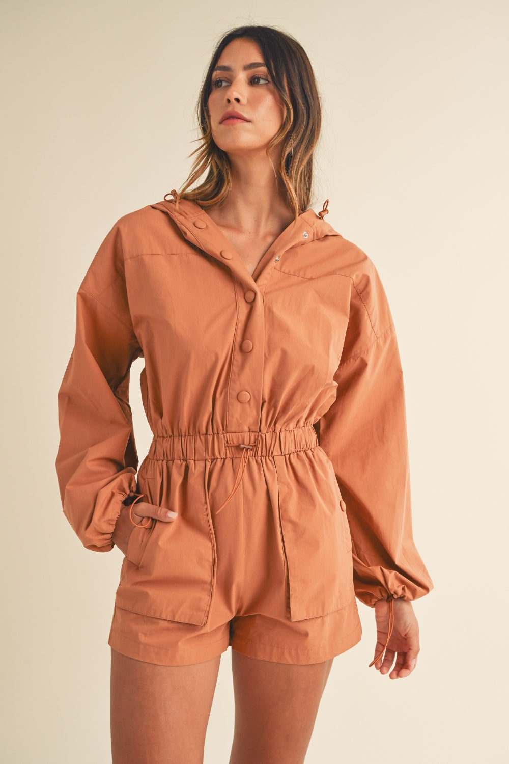 Mable Snap Down Long Sleeve Hooded Romper - Brittney MADE