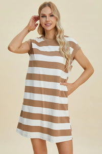 Basic Bae Full Size Striped Round Neck Cap Sleeve Mini Dress - Brittney MADE
