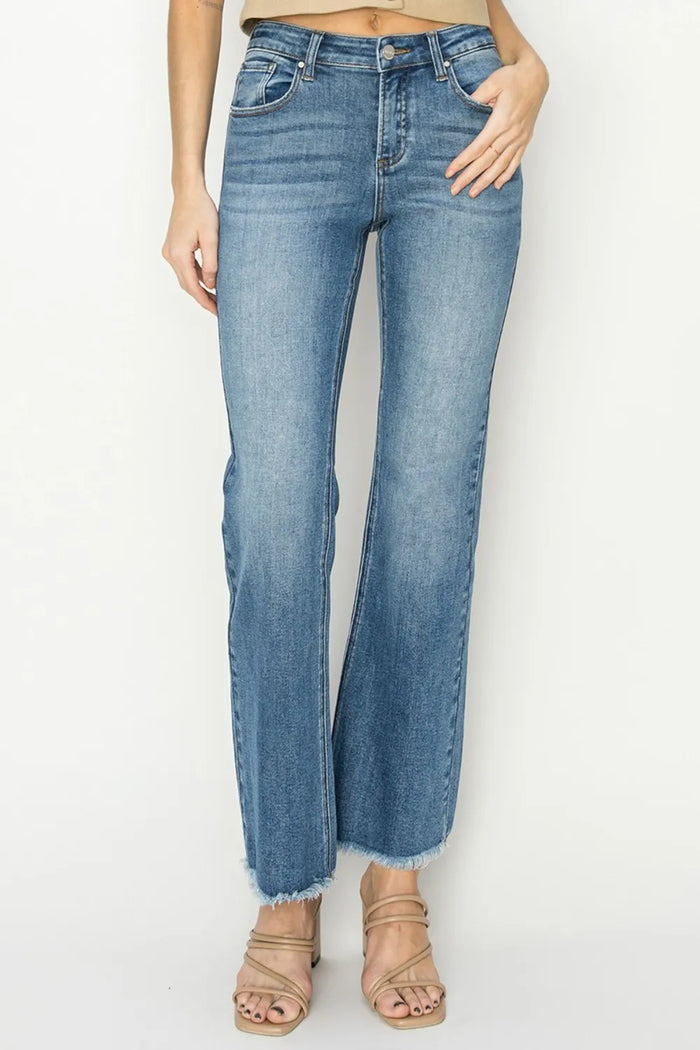 RISEN Mid-Rise Frayed Hem Bootcut Jeans - Brittney MADE