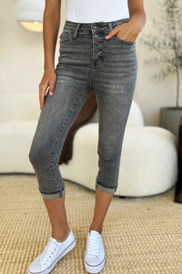 Judy Blue Full Size Button Fly High Waist Cuffed Capris - Brittney MADE
