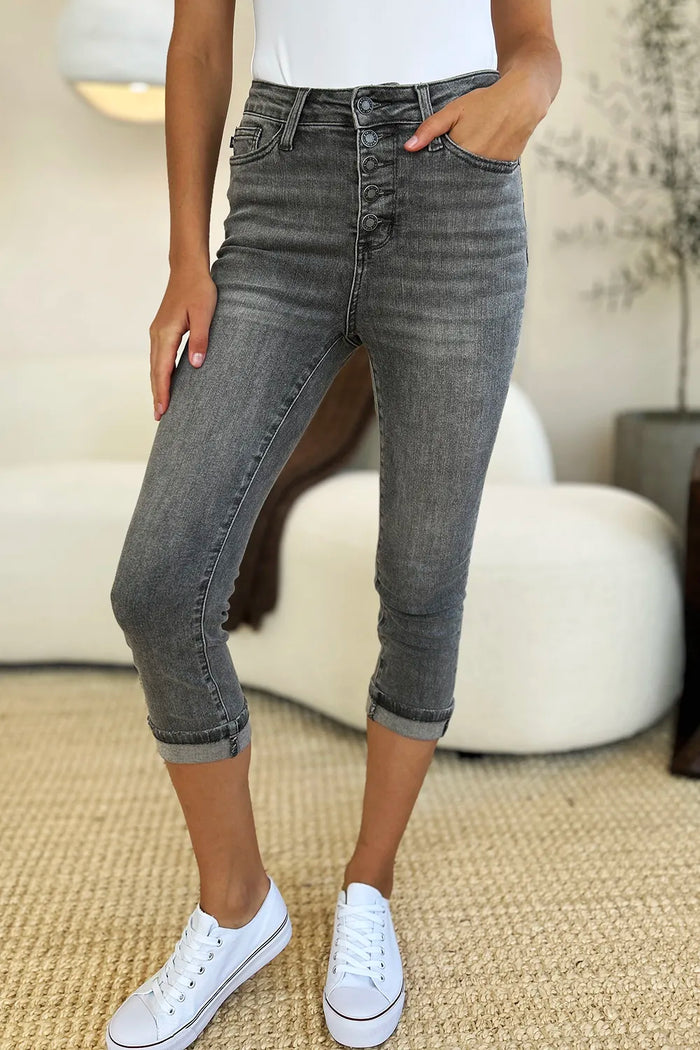 Judy Blue Full Size Button Fly High Waist Cuffed Capris - Brittney MADE