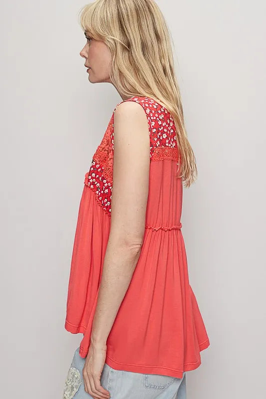 POL Lace Detail Frill Floral V-Neck Sleeveless Top - Brittney MADE
