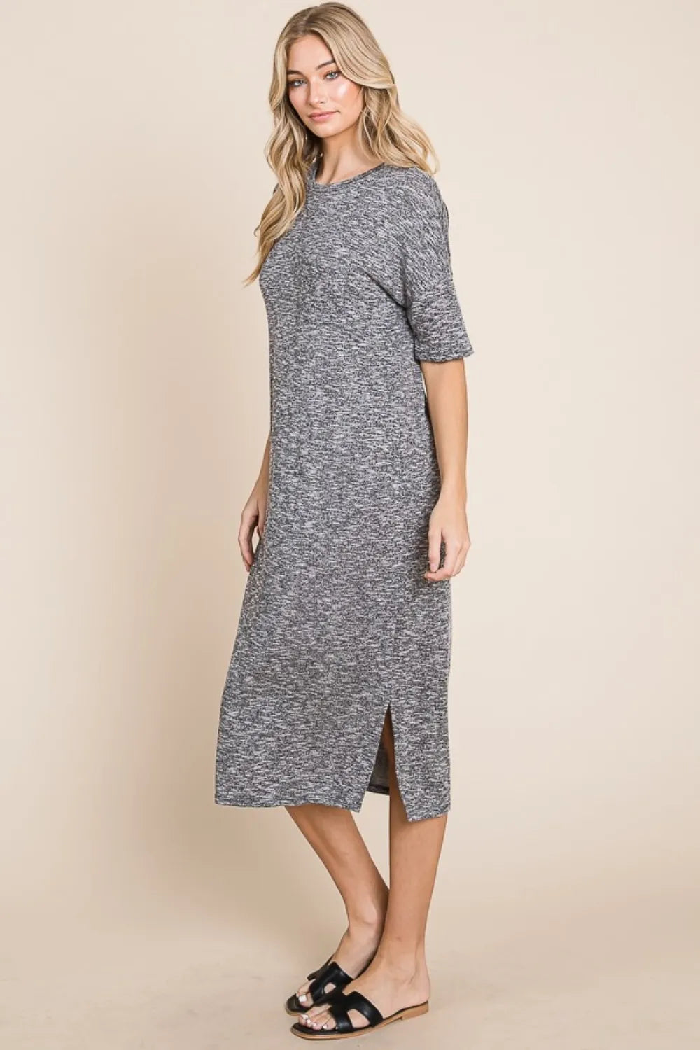 BOMBOM Slit Round Neck Half Sleeve Midi Dress - Brittney MADE