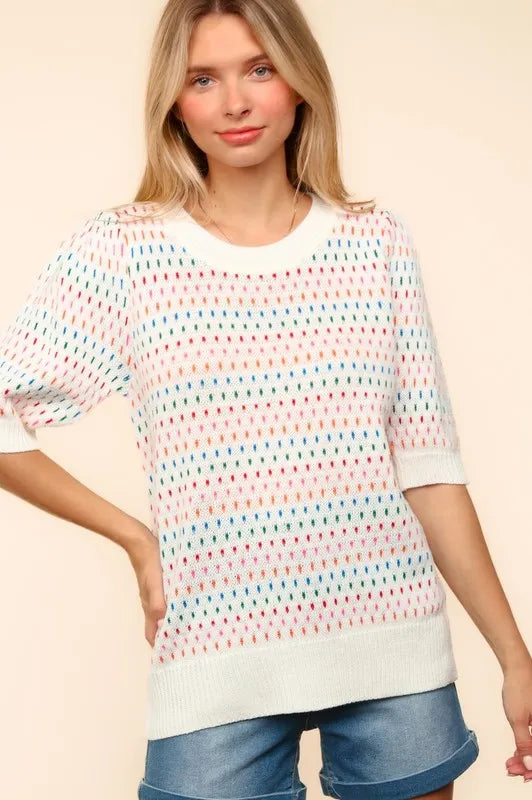 Haptics Round Neck Half Sleeve Multi Color Knit Top - Brittney MADE
