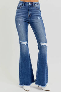 RISEN Full Size High Rise Distressed Raw Hem Flare Jeans - Brittney MADE